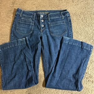 American Eagle Women’s Button Fly Front Pocket Y2K Flare Size 12 Blue Jeans